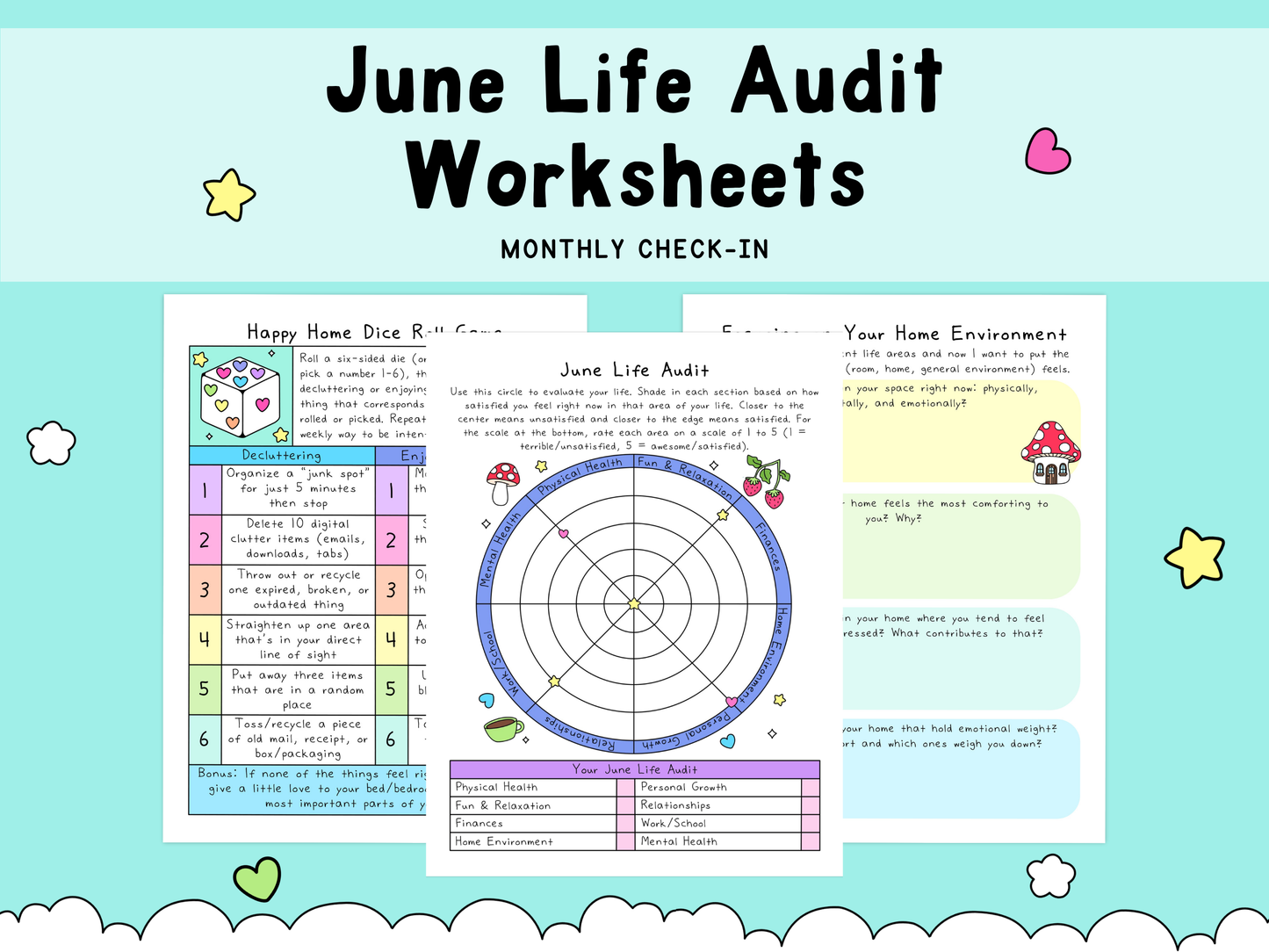 Colorful June Life Audit worksheets with pastel blue, pink, and green sections featuring checklists, a circular self-care chart, and home environment prompts.