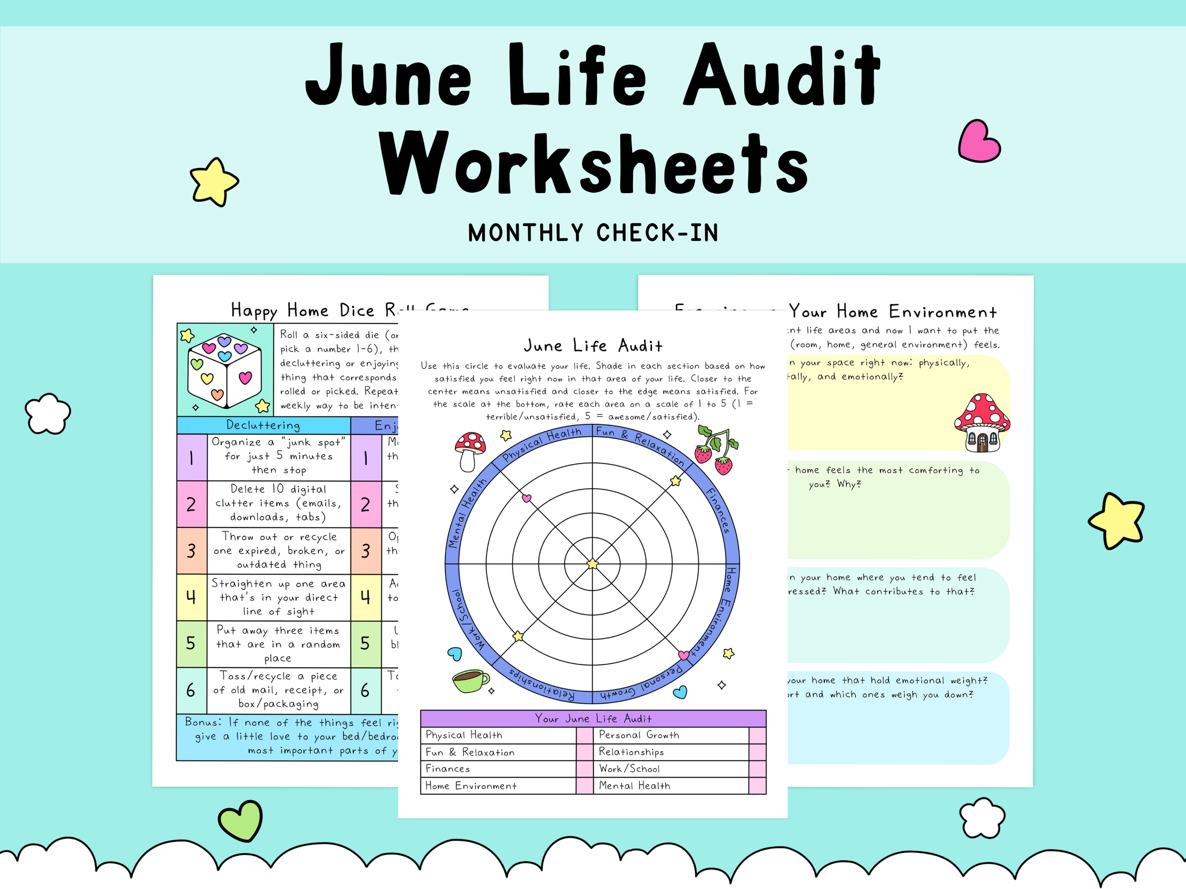 Colorful June Life Audit worksheets with pastel blue, pink, and green sections featuring checklists, a circular self-care chart, and home environment prompts.