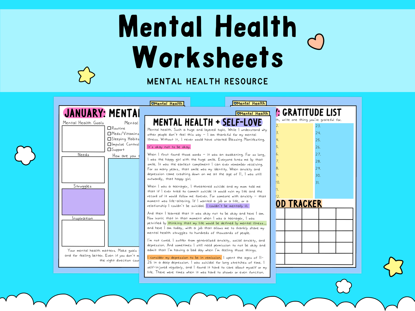 Colorful mental health worksheets in pastel tones of blue, pink, yellow, and white, featuring self-love prompts, gratitude lists, and mood tracking charts.