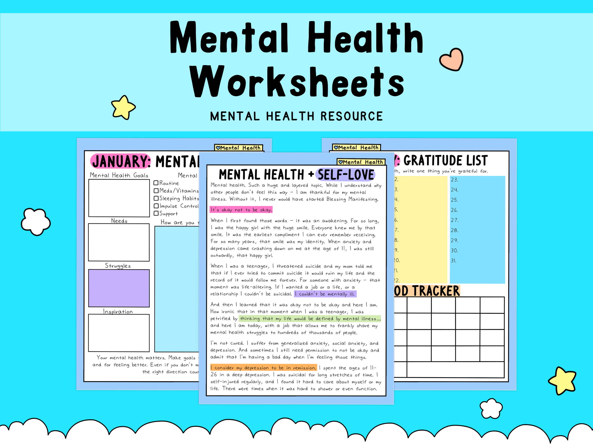 Colorful mental health worksheets in pastel tones of blue, pink, yellow, and white, featuring self-love prompts, gratitude lists, and mood tracking charts.