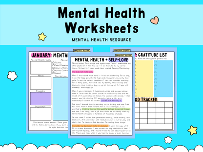Colorful mental health worksheets in pastel tones of blue, pink, yellow, and white, featuring self-love prompts, gratitude lists, and mood tracking charts.