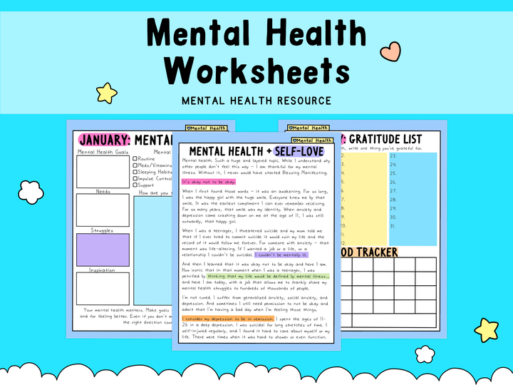 Colorful mental health worksheets in pastel tones of blue, pink, yellow, and white, featuring self-love prompts, gratitude lists, and mood tracking charts.