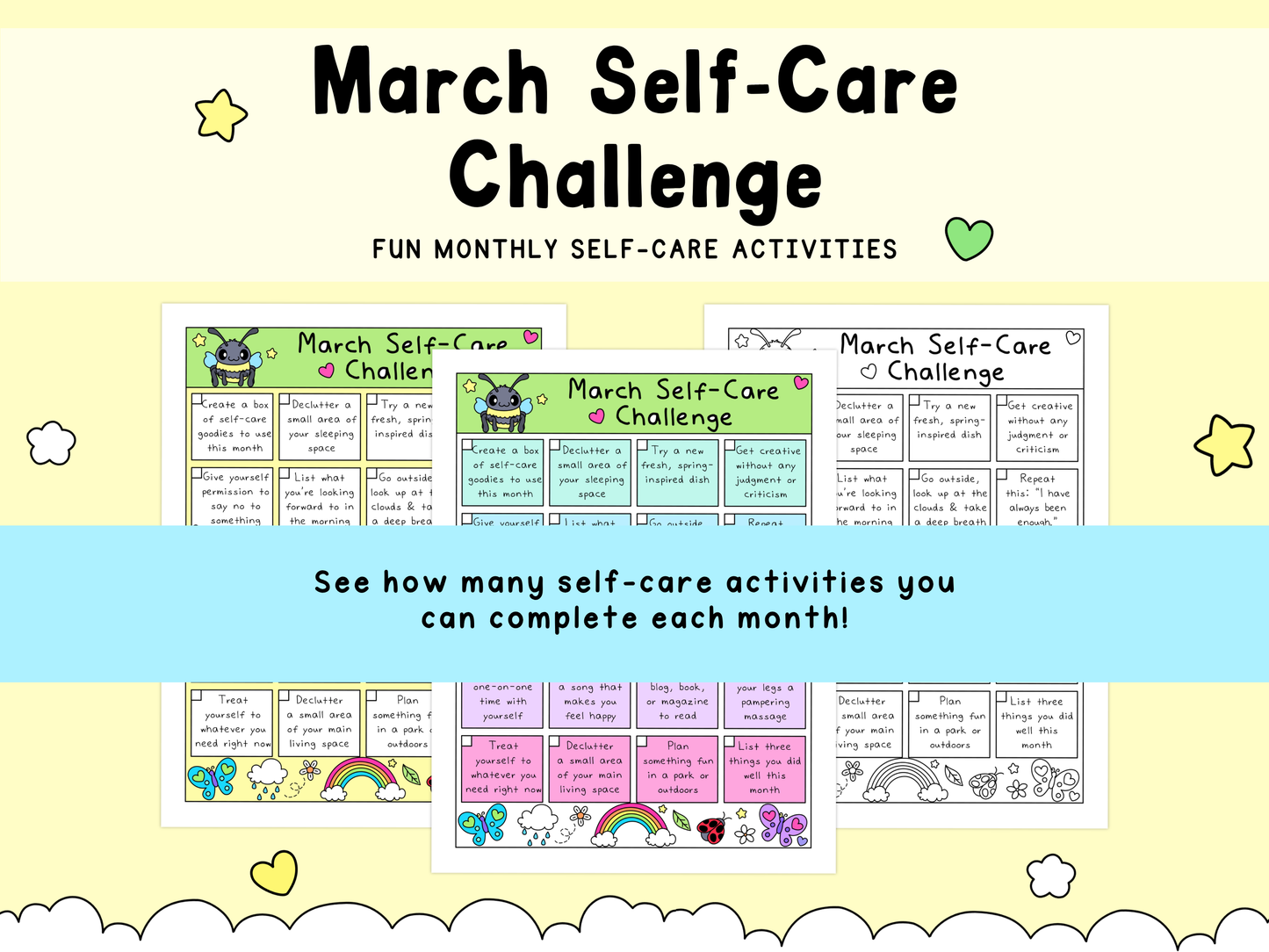 Colorful March self-care challenge sheets featuring playful illustrations in green, yellow, purple, and blue, promoting fun mental health activities.