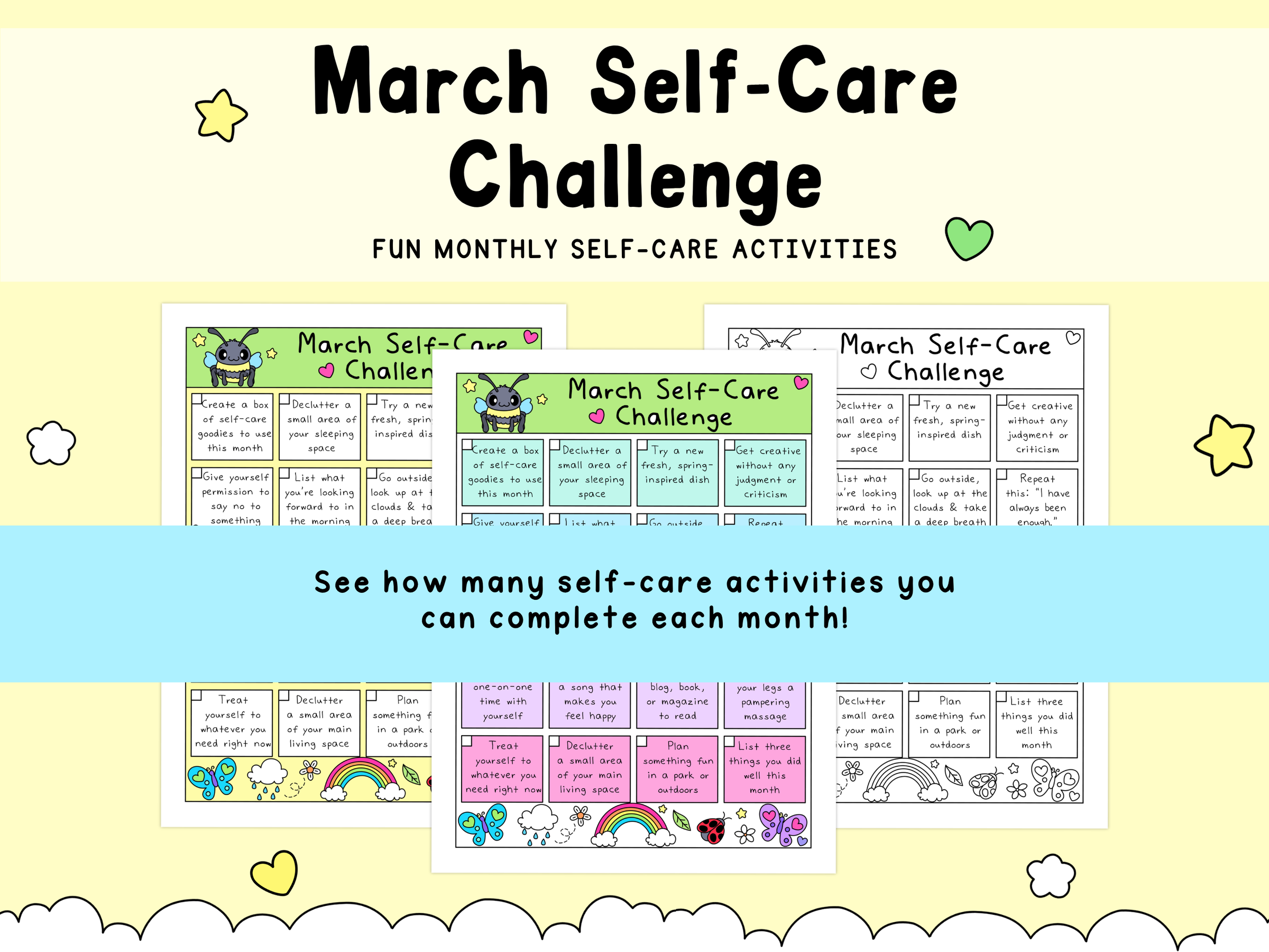 Colorful March self-care challenge sheets featuring playful illustrations in green, yellow, purple, and blue, promoting fun mental health activities.