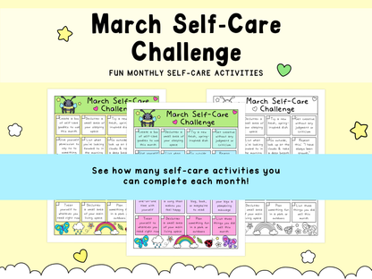 Colorful March self-care challenge sheets featuring playful illustrations in green, yellow, purple, and blue, promoting fun mental health activities.