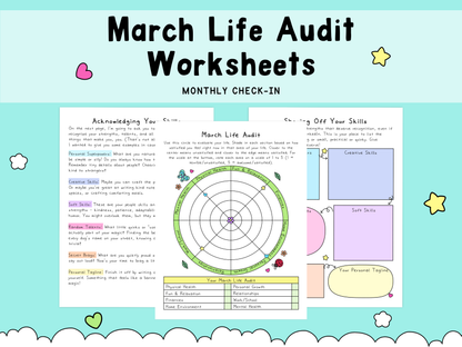A colorful set of March Life Audit worksheets featuring a rainbow-themed wheel for self-care and mental health check-ins, with pastel blue, pink, yellow, and purple accents.