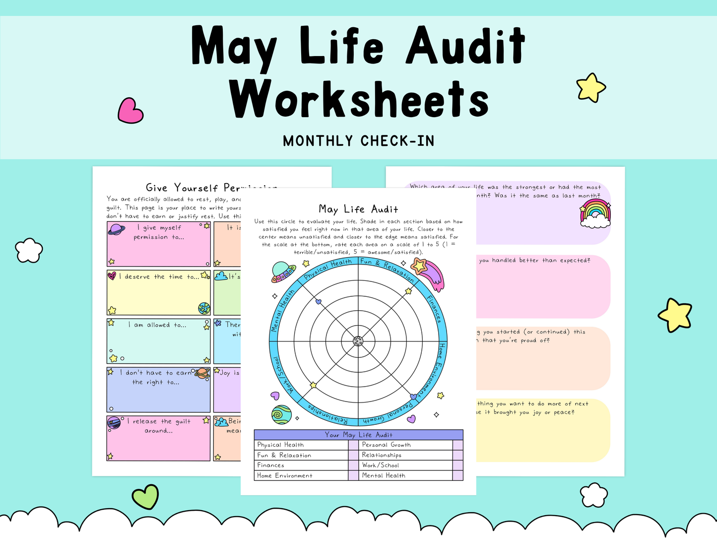 Colorful May Life Audit worksheets with a circular self-care chart and pastel boxes for reflection, set against a light blue background with hearts and stars