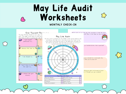 Colorful May Life Audit worksheets with a circular self-care chart and pastel boxes for reflection, set against a light blue background with hearts and stars