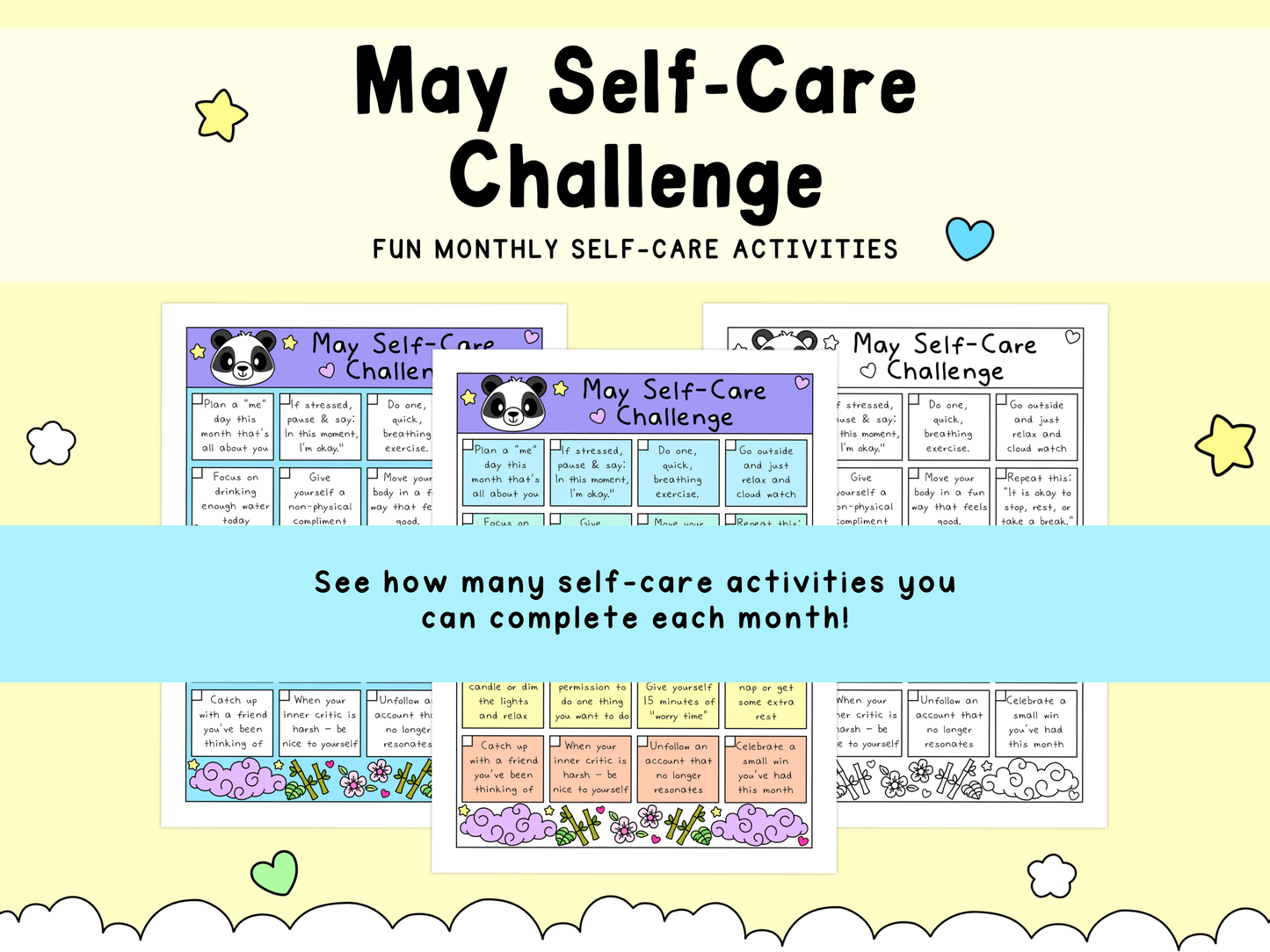 May Self-Care Challenge worksheets in pastel colors purple, blue, and white with cute panda icons and playful illustrations.