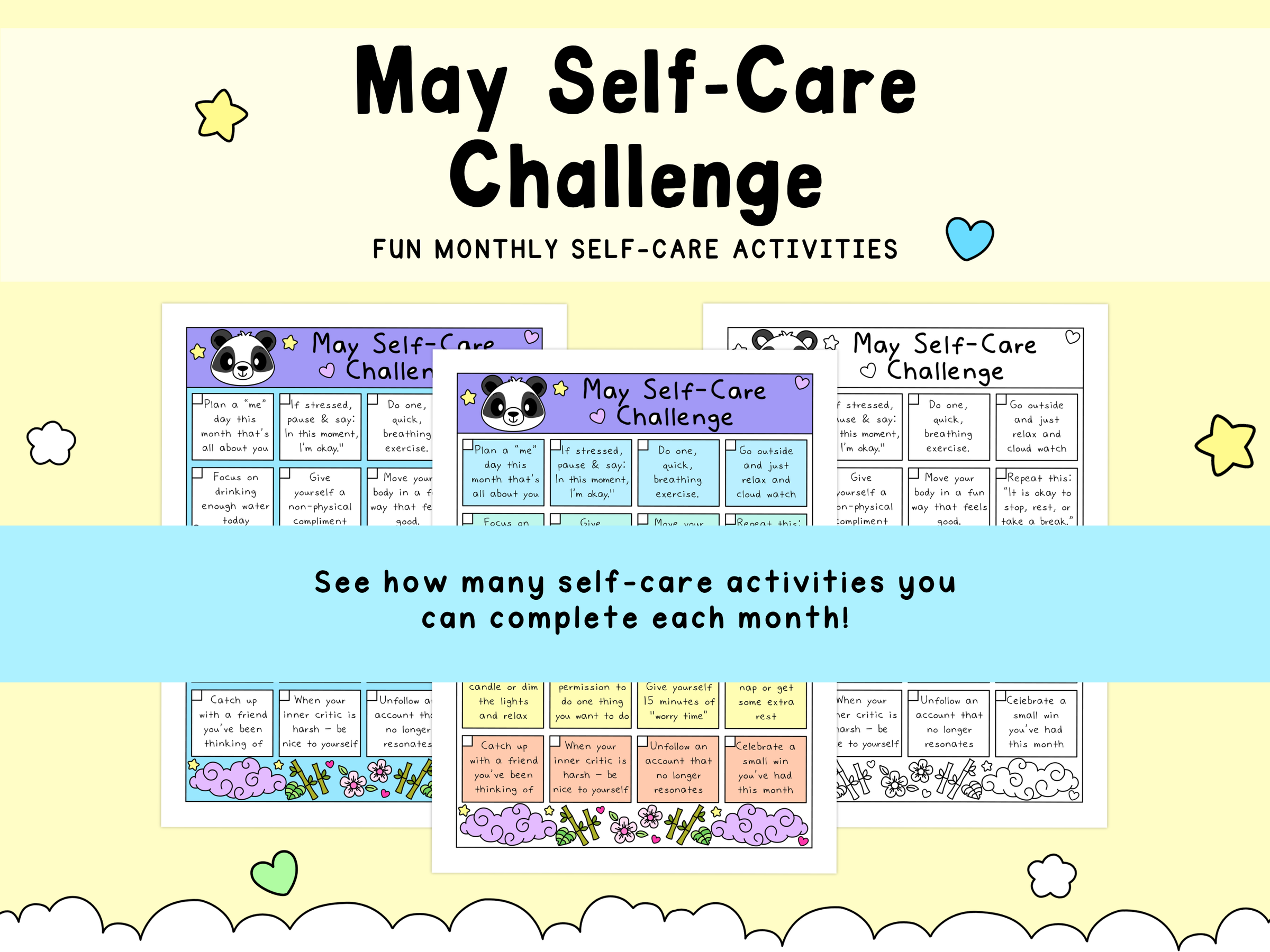 May Self-Care Challenge worksheets in pastel colors purple, blue, and white with cute panda icons and playful illustrations.