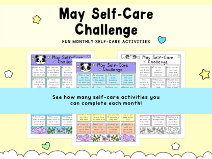 May Self-Care Challenge worksheets in pastel colors purple, blue, and white with cute panda icons and playful illustrations.