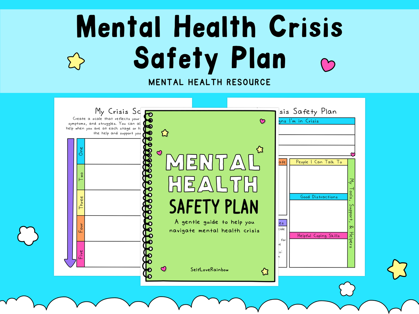 Illustration of a colorful mental health crisis safety plan worksheet with a green guidebook titled "Mental Health Safety Plan" on a blue background with stars and clouds.