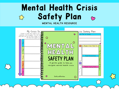 Illustration of a colorful mental health crisis safety plan worksheet with a green guidebook titled "Mental Health Safety Plan" on a blue background with stars and clouds.