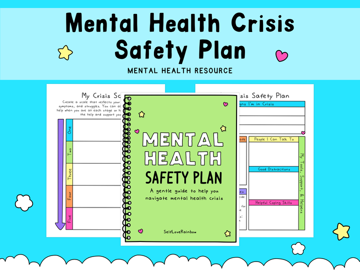 Illustration of a colorful mental health crisis safety plan worksheet with a green guidebook titled "Mental Health Safety Plan" on a blue background with stars and clouds.