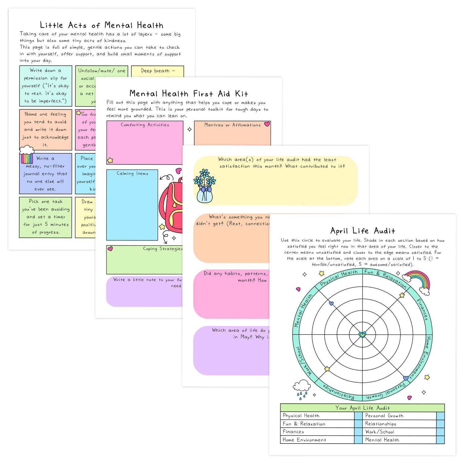 Colorful mental health and self-care worksheets with pastel pink, purple, yellow, and green sections focused on reflection and wellness activities.
