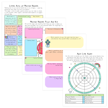 Colorful mental health and self-care worksheets with pastel pink, purple, yellow, and green sections focused on reflection and wellness activities.