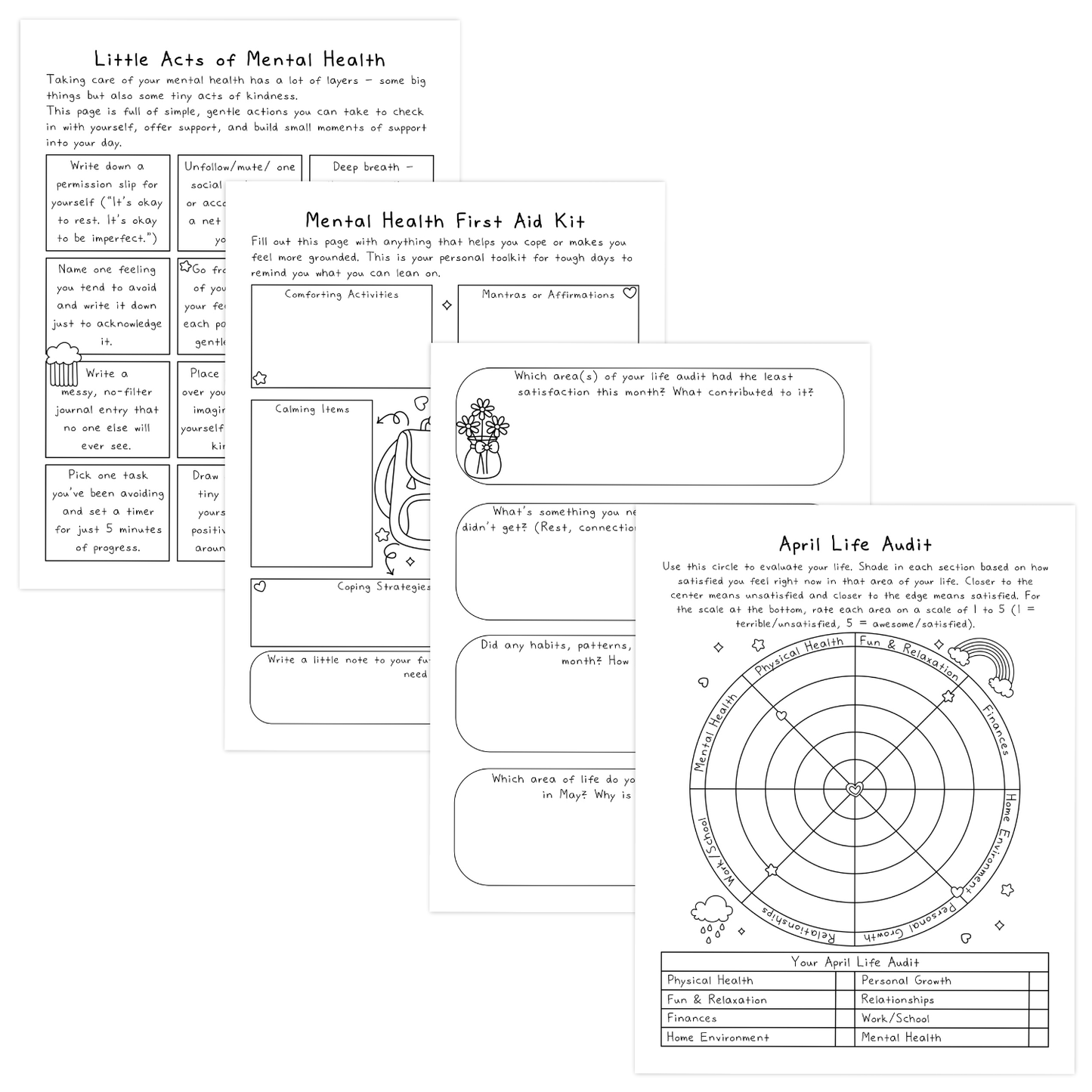 Little Acts of Mental Health, Mental Health First Aid Kit, and April Life Audit worksheets