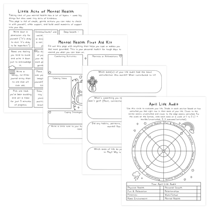 Little Acts of Mental Health, Mental Health First Aid Kit, and April Life Audit worksheets