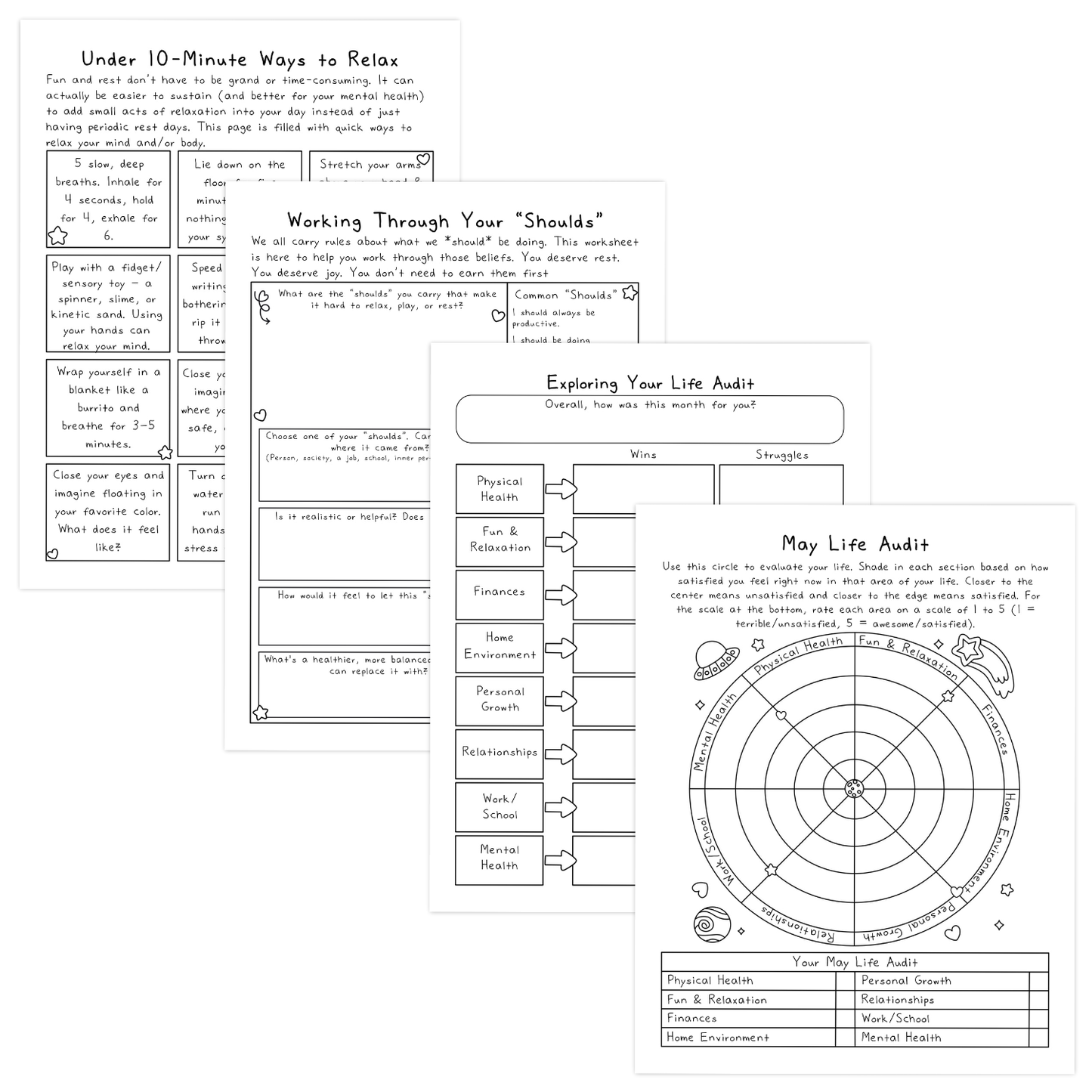 Three worksheets for self-reflection: ways to relax, working through shoulds, and a life audit