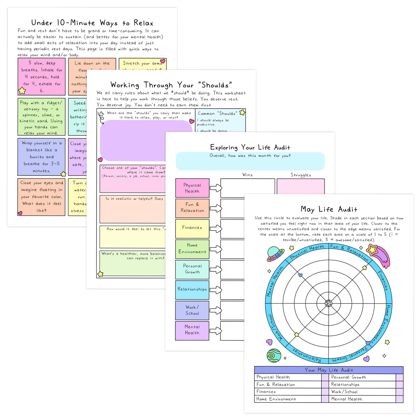 A worksheet with three sections: Under 10-Minute Ways to Relax, Working Through Your Shoulds, and May Life Audit