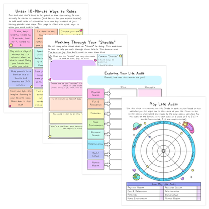 A worksheet with three sections: Under 10-Minute Ways to Relax, Working Through Your Shoulds, and May Life Audit