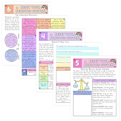 Reset Your Nervous System infographic with six sections on regulating and reducing overload