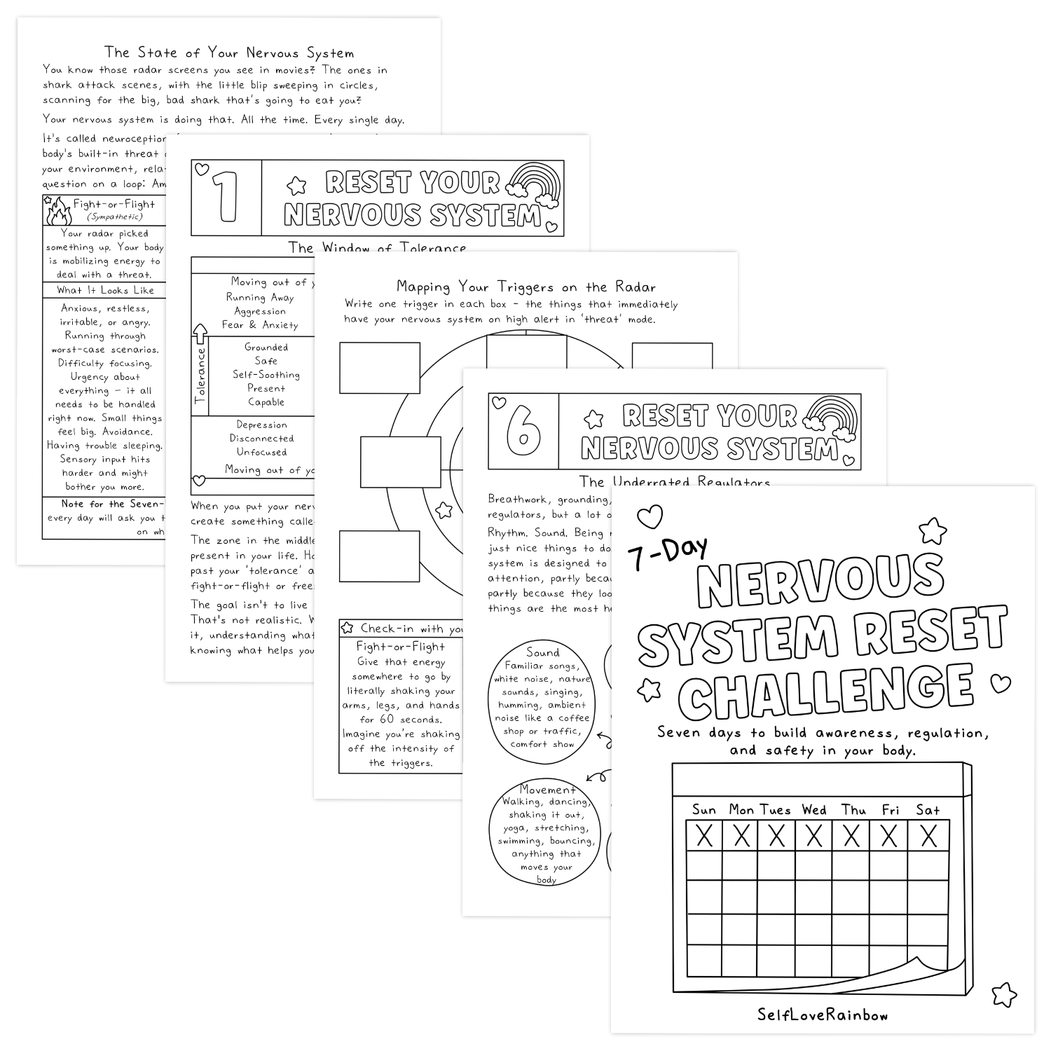 Black and white worksheets showing the 7-day nervous system reset challenge