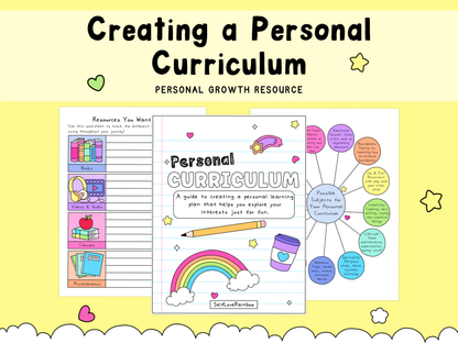 Personal curriculum worksheet with sections for resources, subjects, and a rainbow graphic