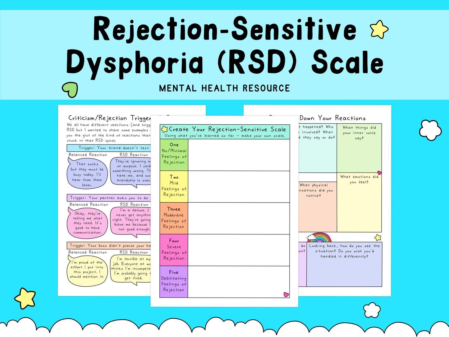 Blue background with a colorful self-care worksheet titled Rejection-Sensitive Dysphoria Scale, featuring pastel pink, yellow, purple, and green sections for tracking triggers and reactions.