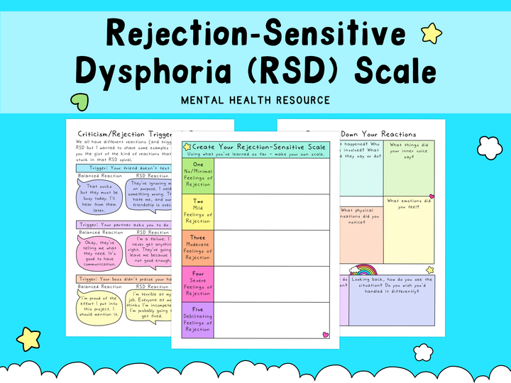 Blue background with a colorful self-care worksheet titled Rejection-Sensitive Dysphoria Scale, featuring pastel pink, yellow, purple, and green sections for tracking triggers and reactions.