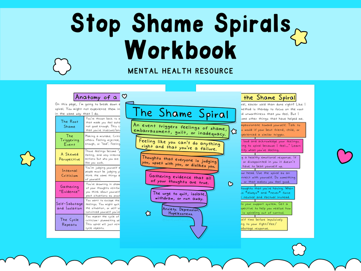Stop Shame Spirals Workbook, a mental health resource with worksheet examples and text on a light blue background