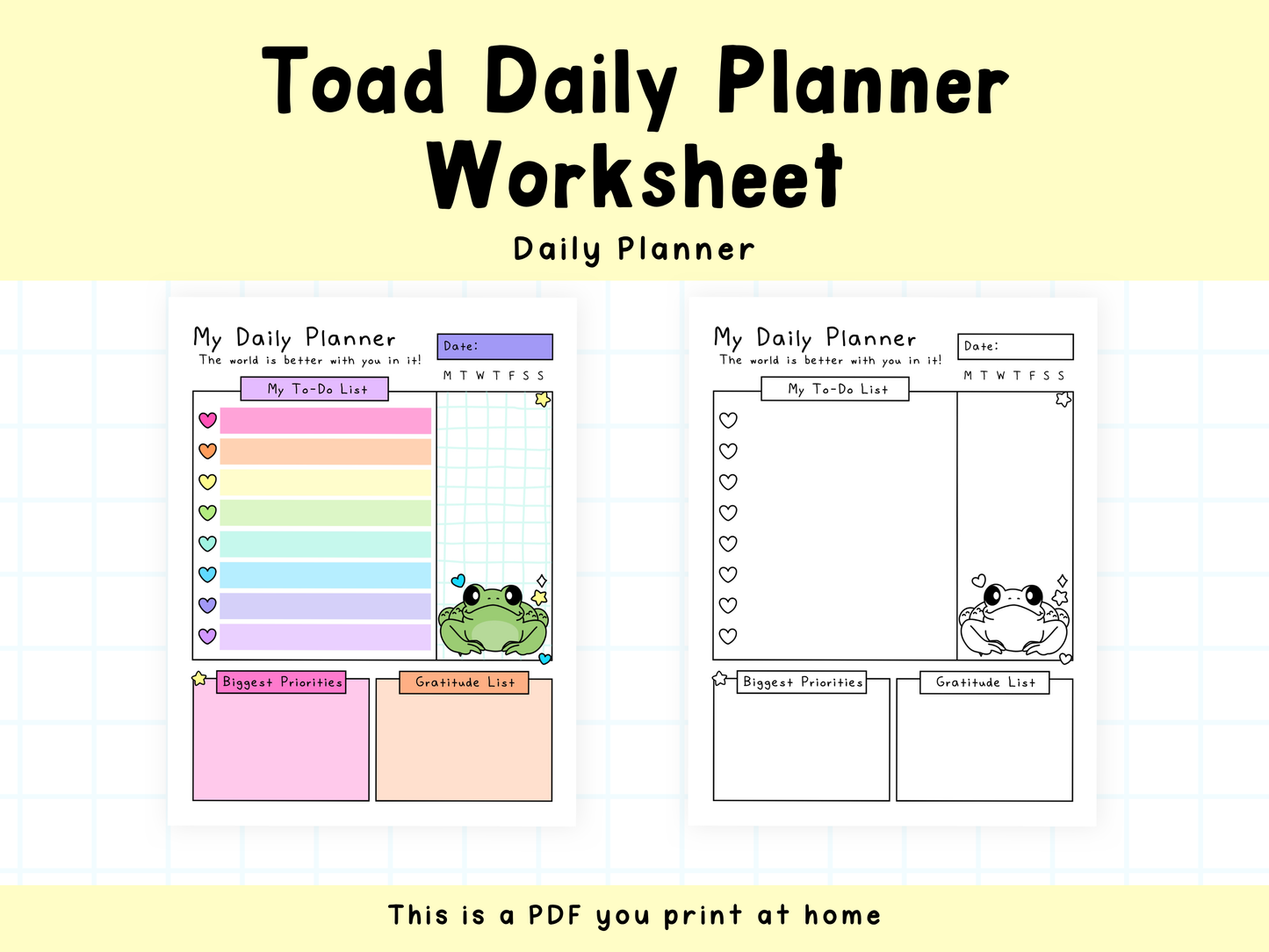 Colorful daily planner page with rainbow heart to-do list, pink and orange priority boxes, and a green cartoon toad illustration