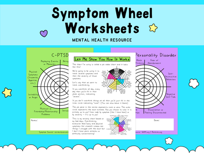 Colorful mental health symptom wheels worksheet with sections for C-PTSD and personality disorder symptoms, featuring purple, yellow, and pink highlights on a bright blue background.