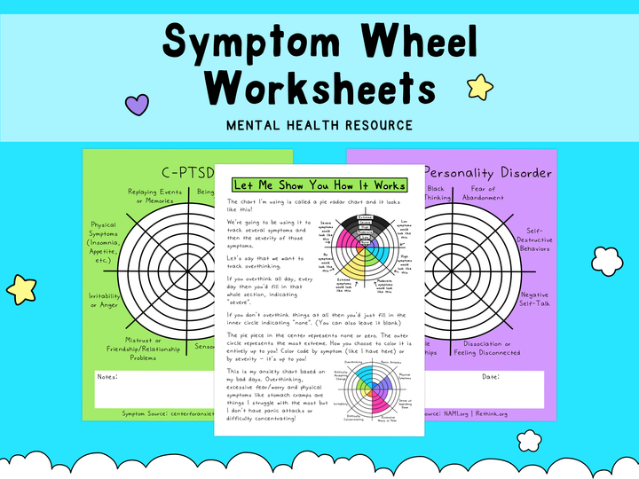Colorful mental health symptom wheels worksheet with sections for C-PTSD and personality disorder symptoms, featuring purple, yellow, and pink highlights on a bright blue background.