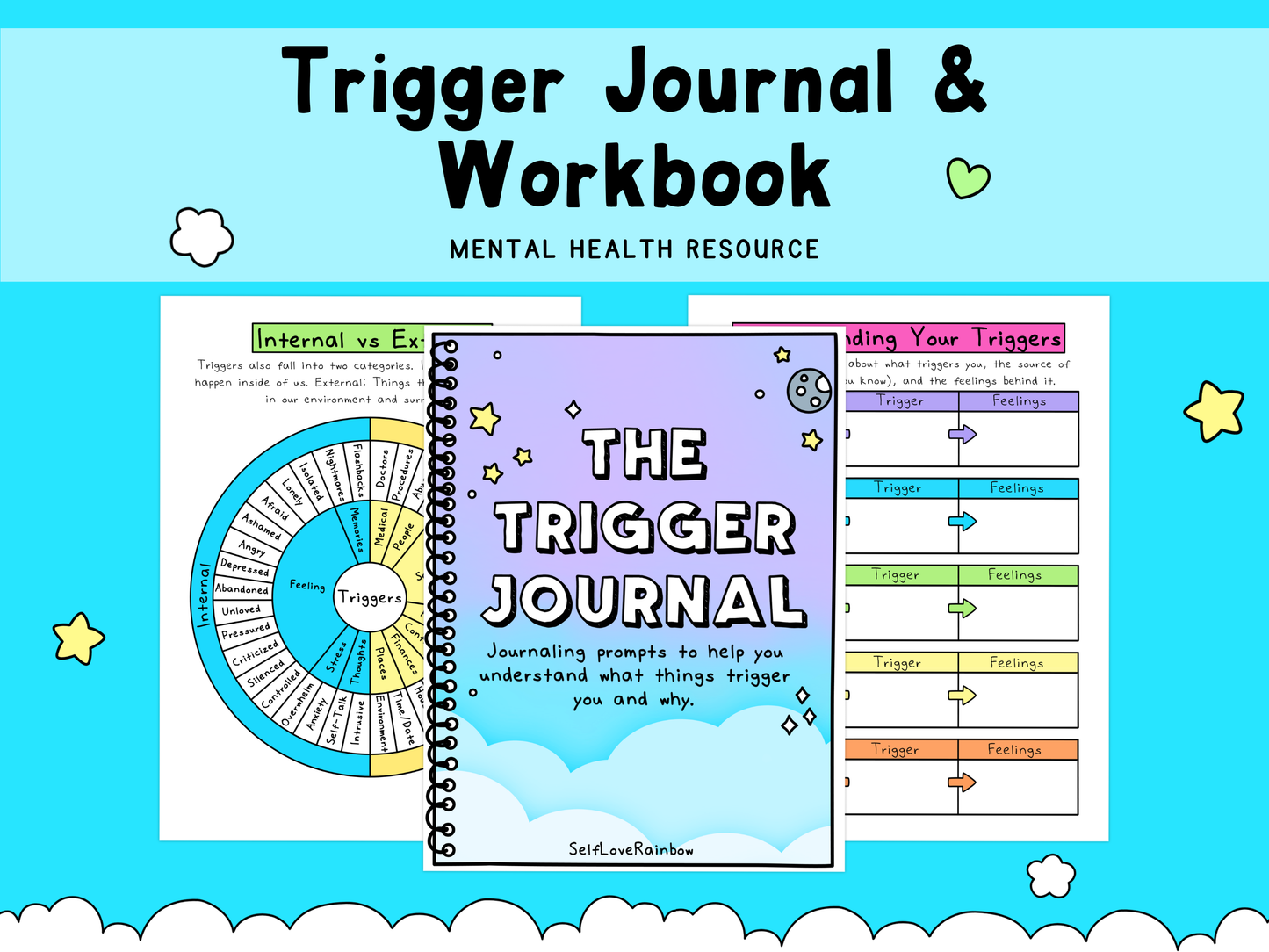 A pastel purple and blue journal with clouds and stars on the cover, titled "The Trigger Journal," surrounded by colorful mental health worksheets.