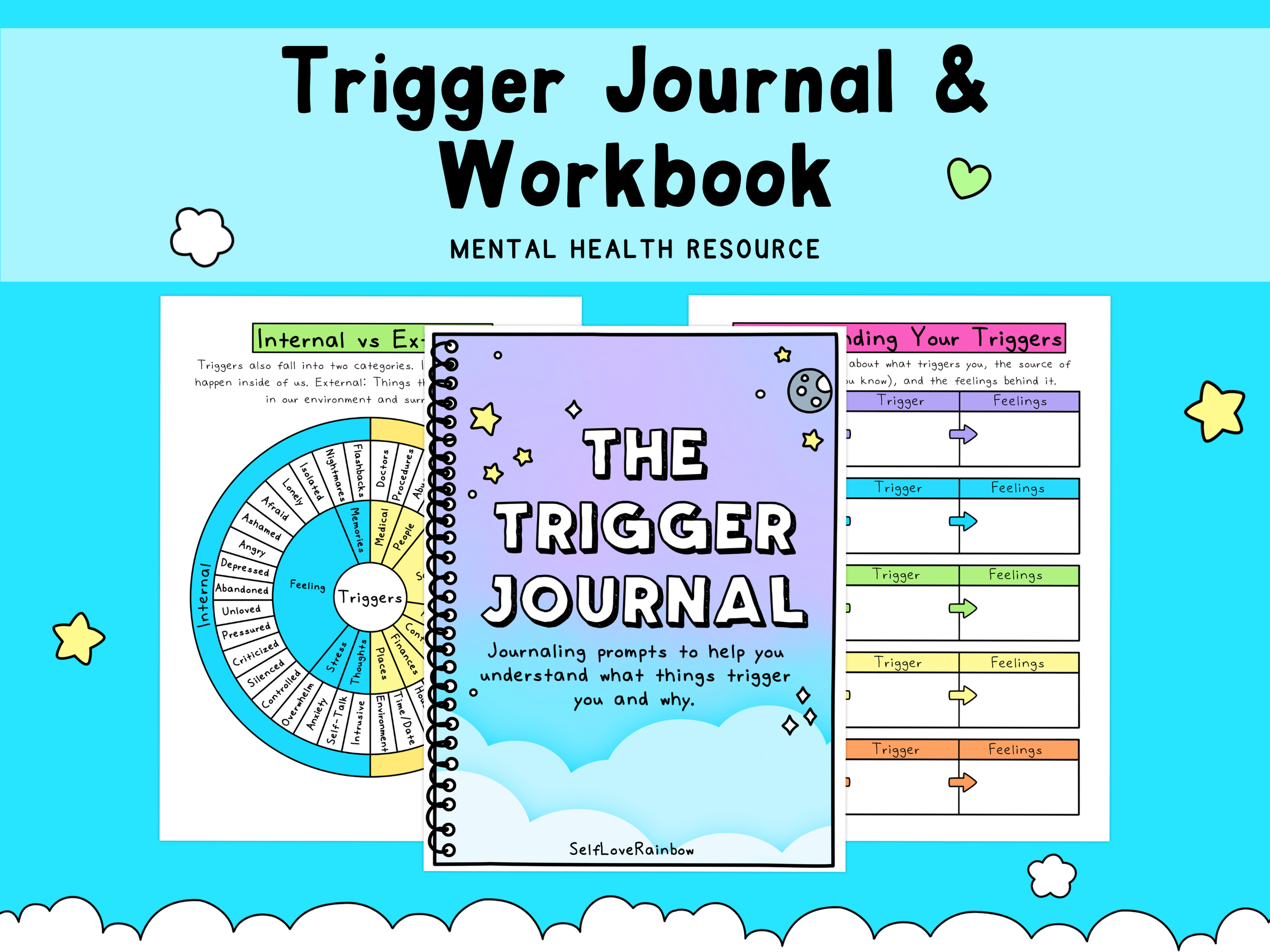 A pastel purple and blue journal with clouds and stars on the cover, titled "The Trigger Journal," surrounded by colorful mental health worksheets.