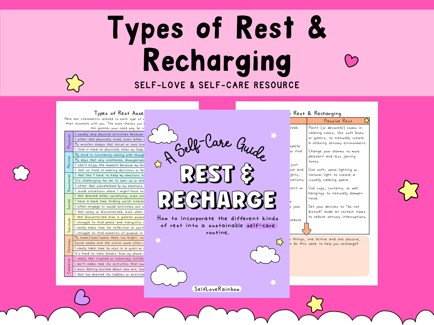 A colorful workbook cover and sample pages from the Rest & Recharge workbook, featuring purple, pink, teal, and pastel colors promoting self-care and mental health worksheets.