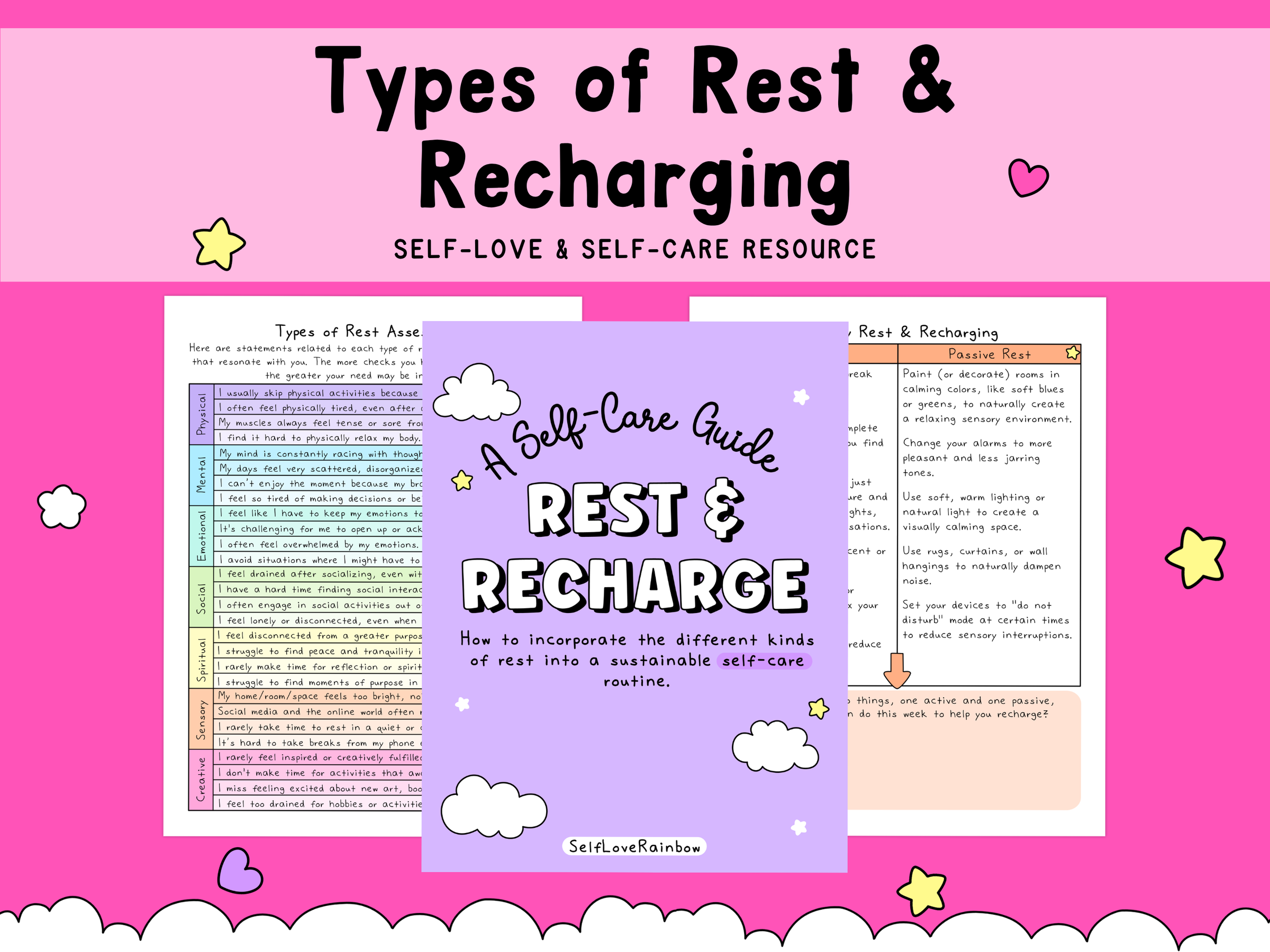 A colorful workbook cover and sample pages from the Rest & Recharge workbook, featuring purple, pink, teal, and pastel colors promoting self-care and mental health worksheets.