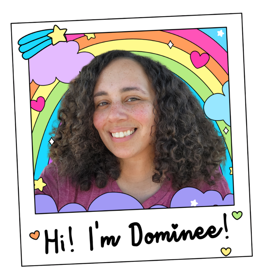 Smiling photo of Dominee inside a hand-drawn polaroid frame with rainbows and hearts