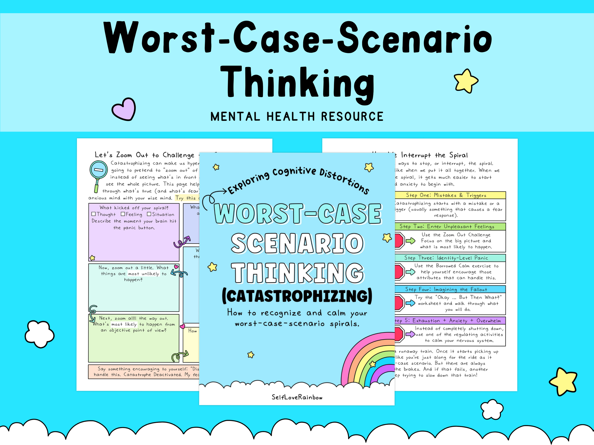 Graphic with pastel blue background featuring a mental health worksheet titled "Worst-Case Scenario Thinking" in black text, decorated with small yellow stars, a pink heart, and a colorful rainbow in the bottom right corner, focusing on calming cognitive distortions.