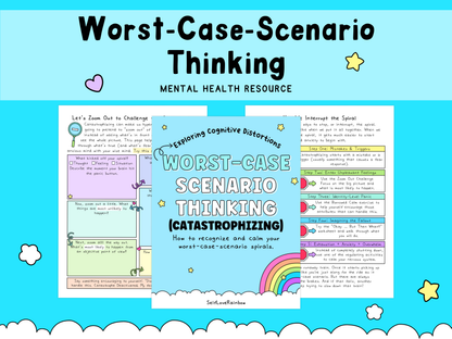 Graphic with pastel blue background featuring a mental health worksheet titled "Worst-Case Scenario Thinking" in black text, decorated with small yellow stars, a pink heart, and a colorful rainbow in the bottom right corner, focusing on calming cognitive distortions.