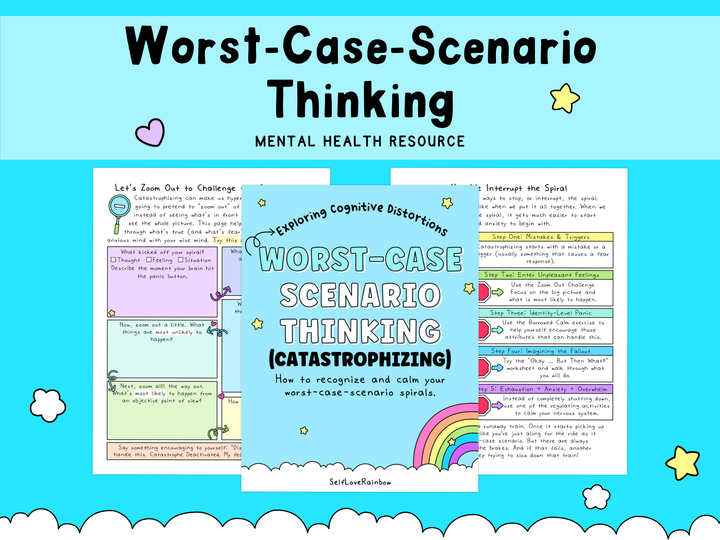 Graphic with pastel blue background featuring a mental health worksheet titled "Worst-Case Scenario Thinking" in black text, decorated with small yellow stars, a pink heart, and a colorful rainbow in the bottom right corner, focusing on calming cognitive distortions.