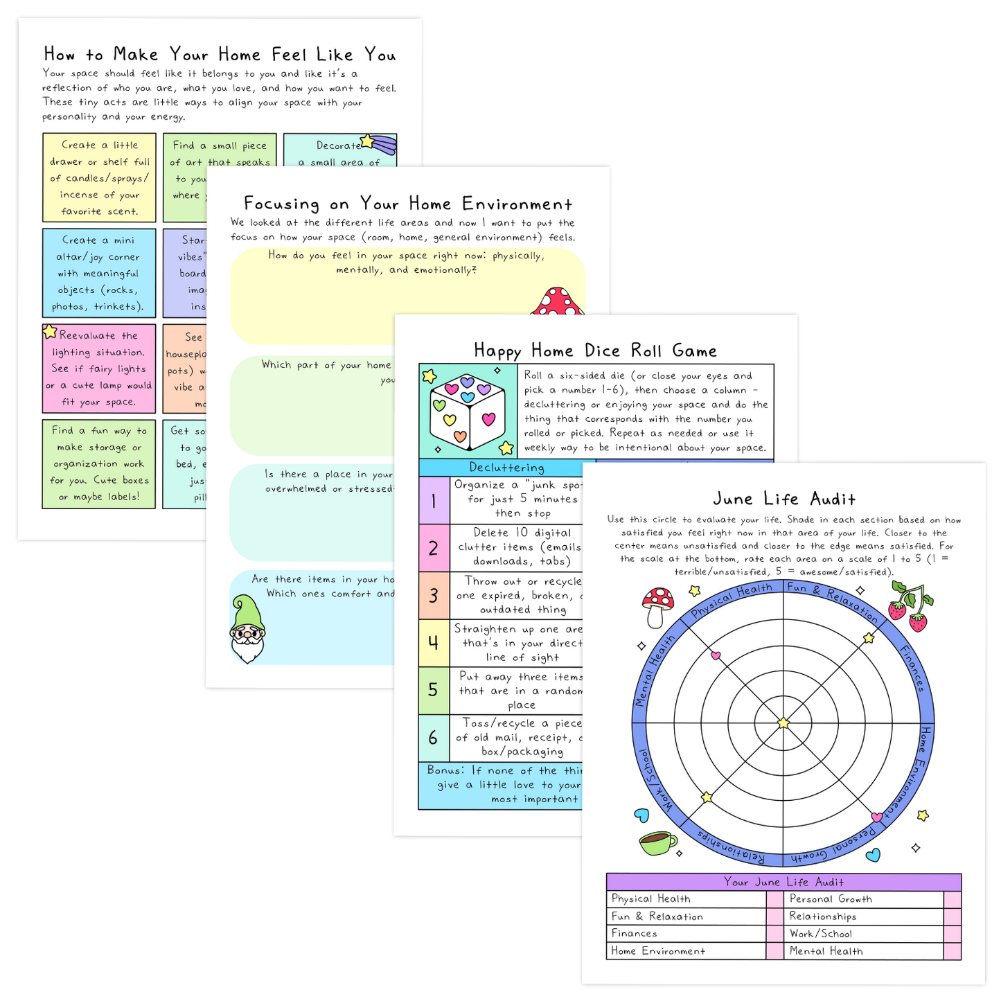 Colorful life audit worksheets for June with self-care and home environment prompts in soft pastel blues, pinks, greens, and purples.