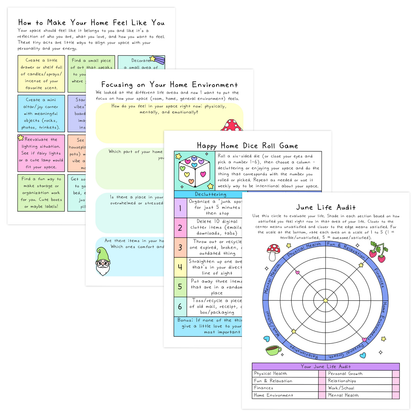 Colorful life audit worksheets for June with self-care and home environment prompts in soft pastel blues, pinks, greens, and purples.