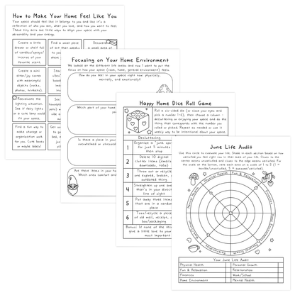 Black and white worksheets with simple illustrations and text boxes, featuring a circular chart and playful designs for self-care and home environment reflection.